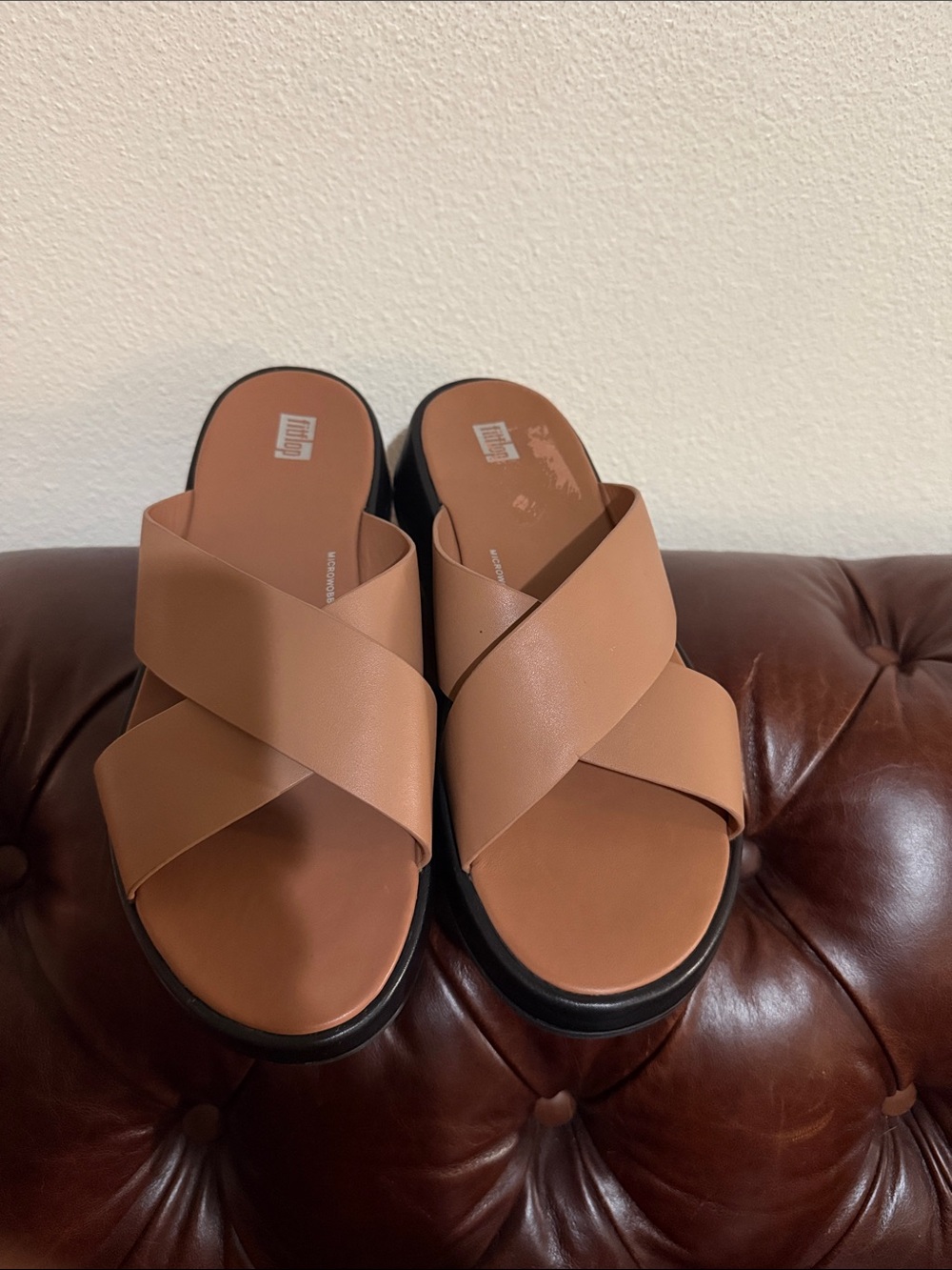 Fitflop Tan Cross‑Strap Platform Mules